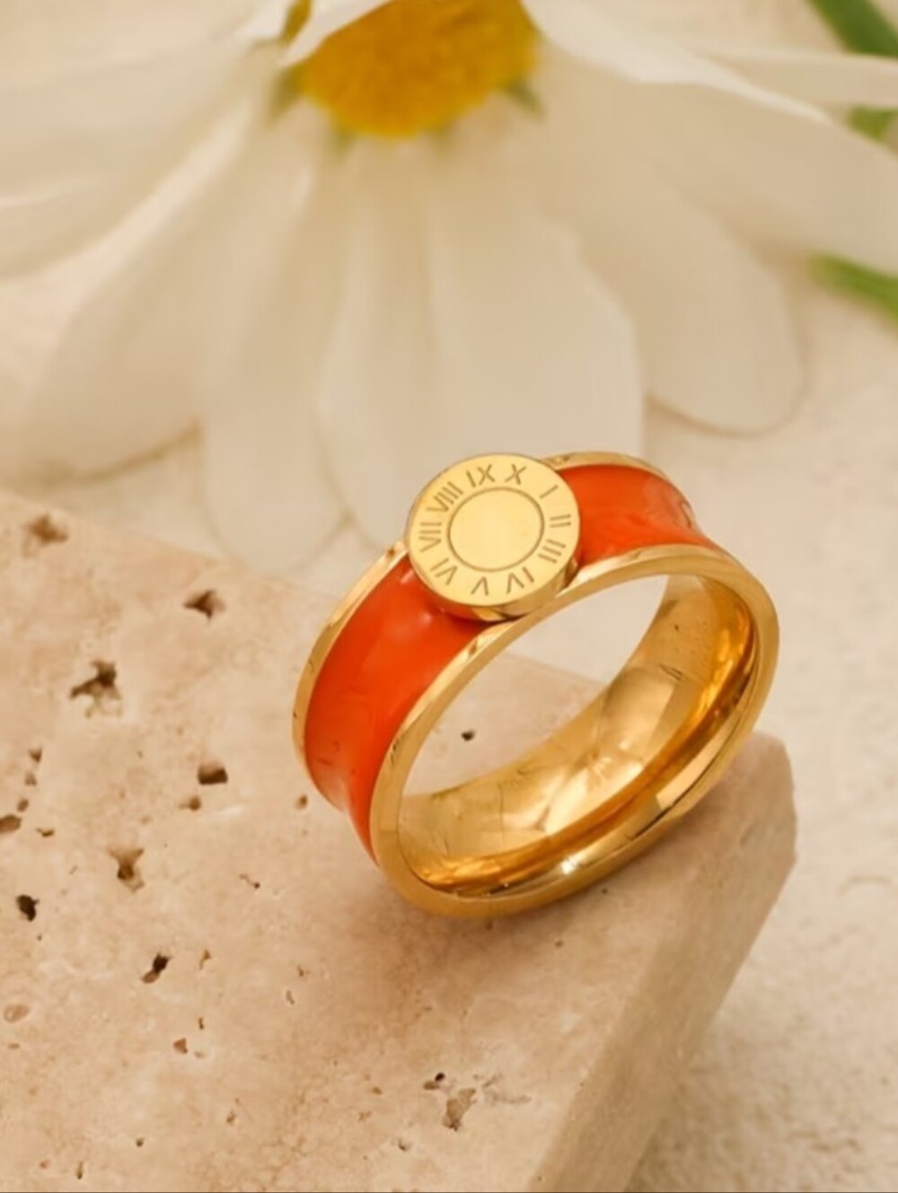 Gold-Tone Orange Enamel Ring with Roman Numeral Accent